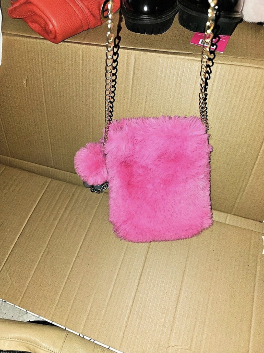 Pink Faux Fur Chain Crossbody Bag Like New